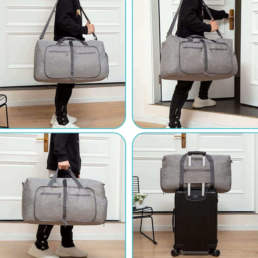 Travel Bag made of Waterproof Gray Oxford. Foldable in a small Bag.